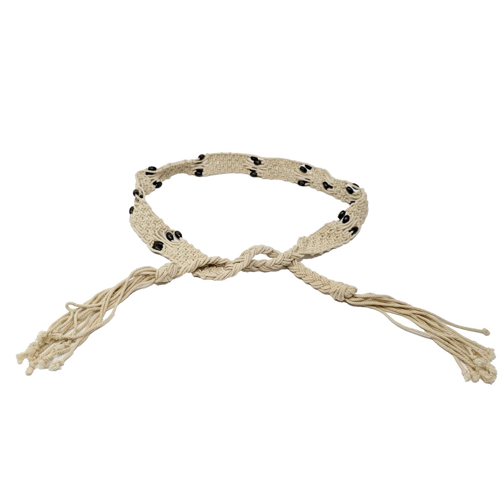 Vintage 80s Belt Beige Crocheted Tie Boho Beaded Macrame Women's 31 Inches